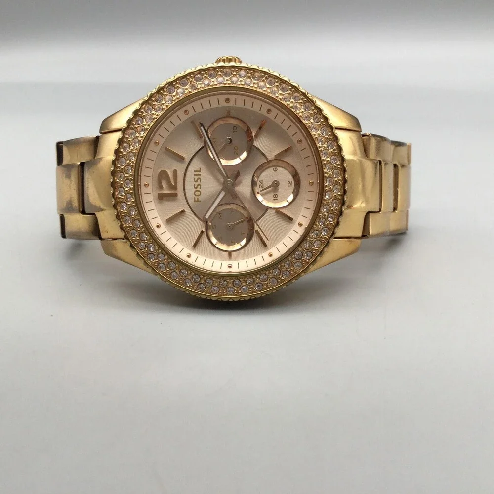 Fossil ES3590 Womens Watch 38mm Rose Gold Tone Crystals New Battery 6